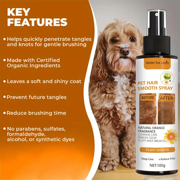 A bottle of Pet Hair Smooth Spray with a golden-colored dog standing next to it.