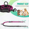 A purple and black dual dog leash attachment with a bungee shock absorber is shown alongside its various sizes.