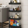 A black mobile storage rack with three tiers holding various bottles and toiletries against a white tiled wall.