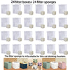 A set of 24 filter boxes and 24 filter sponges for a cat drinking fountain.