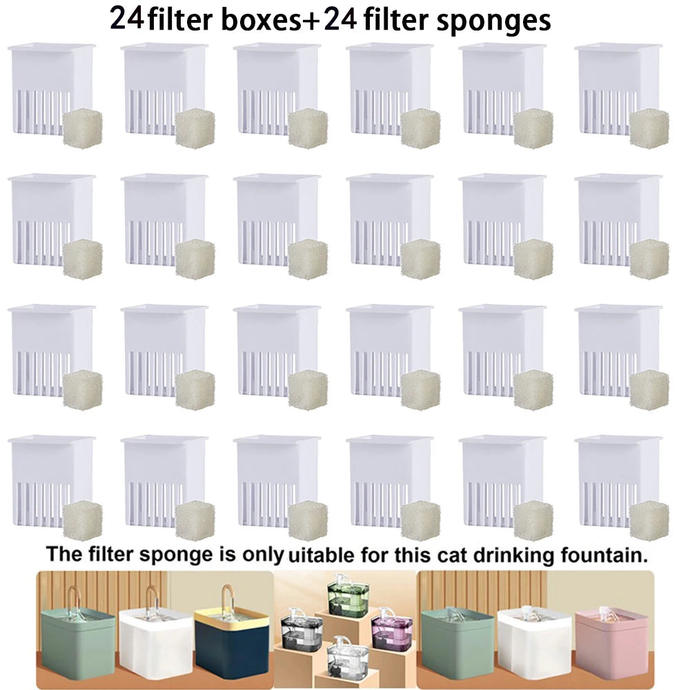 A set of 24 filter boxes and 24 filter sponges for a cat drinking fountain.
