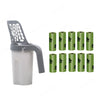 A gray heavy duty cat litter shovel with multiple green refill bags for scooping litter.