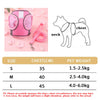 Pink butterfly pet harness set for dogs and cats with size chart and diagram