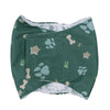 A green washable dog sanitary wrap designed for male dogs, featuring paw print patterns.