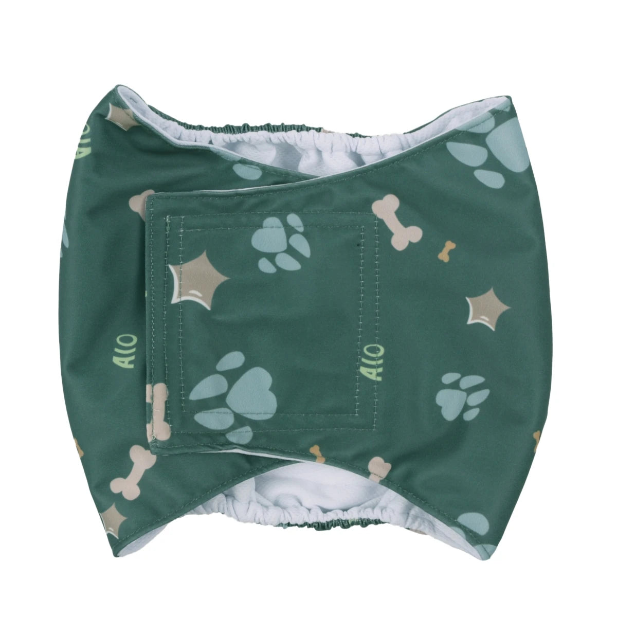 A green washable dog sanitary wrap designed for male dogs, featuring paw print patterns.