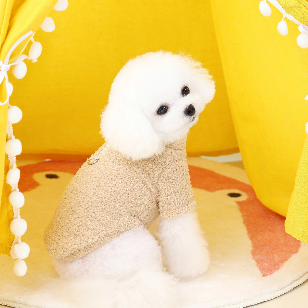Un perro blanco y esponjoso vistiendo un suéter de peluche beige, sentado sobre una alfombra de color claro.