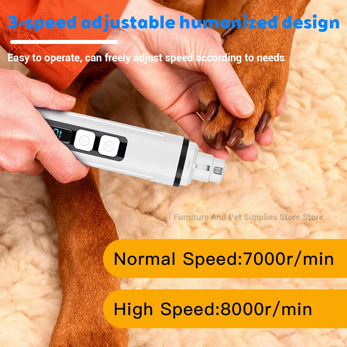 Hands are adjusting a white electric pet nail grinder device on a brown dog's paw for grooming.