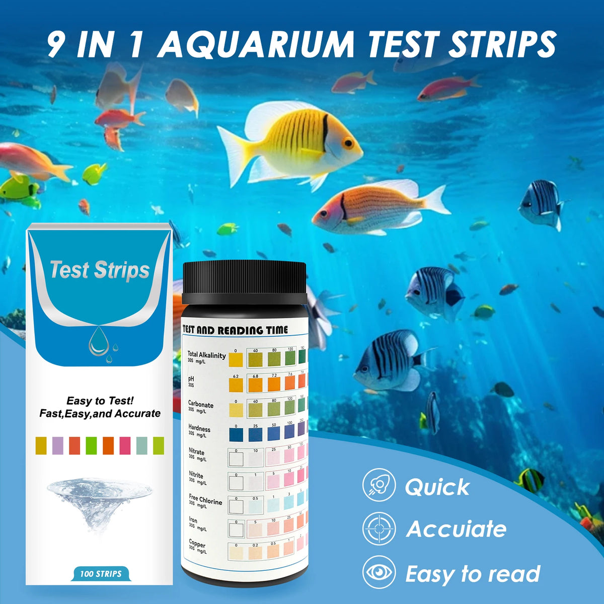 Un paquete de tiras de prueba para acuarios de 9 en 1 con tiras de colores y una botella para probar la calidad del agua.