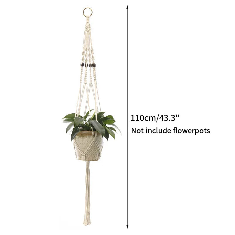 Macrame plant hanger with a woven pot and hanging macrame cord for indoor or outdoor plant decor