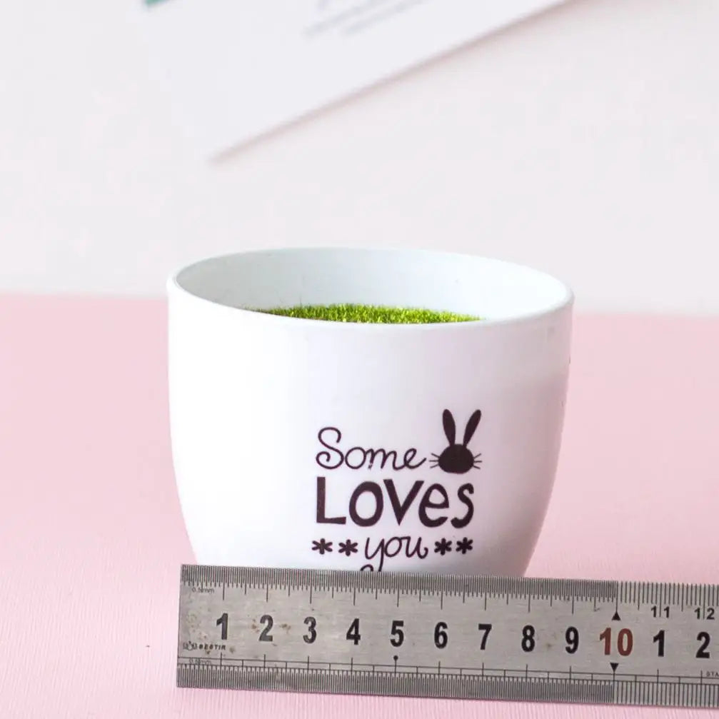Bol en céramique blanche rempli de mousse verte, avec le texte 'Some Loves you' et un dessin de lapin.