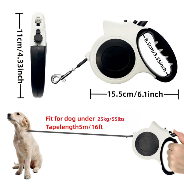 A white illuminated retractable dog leash is shown with a reflective nylon cord and a dog.