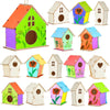 A collection of colorful wooden bird houses in various styles and colors for DIY craft kits.
