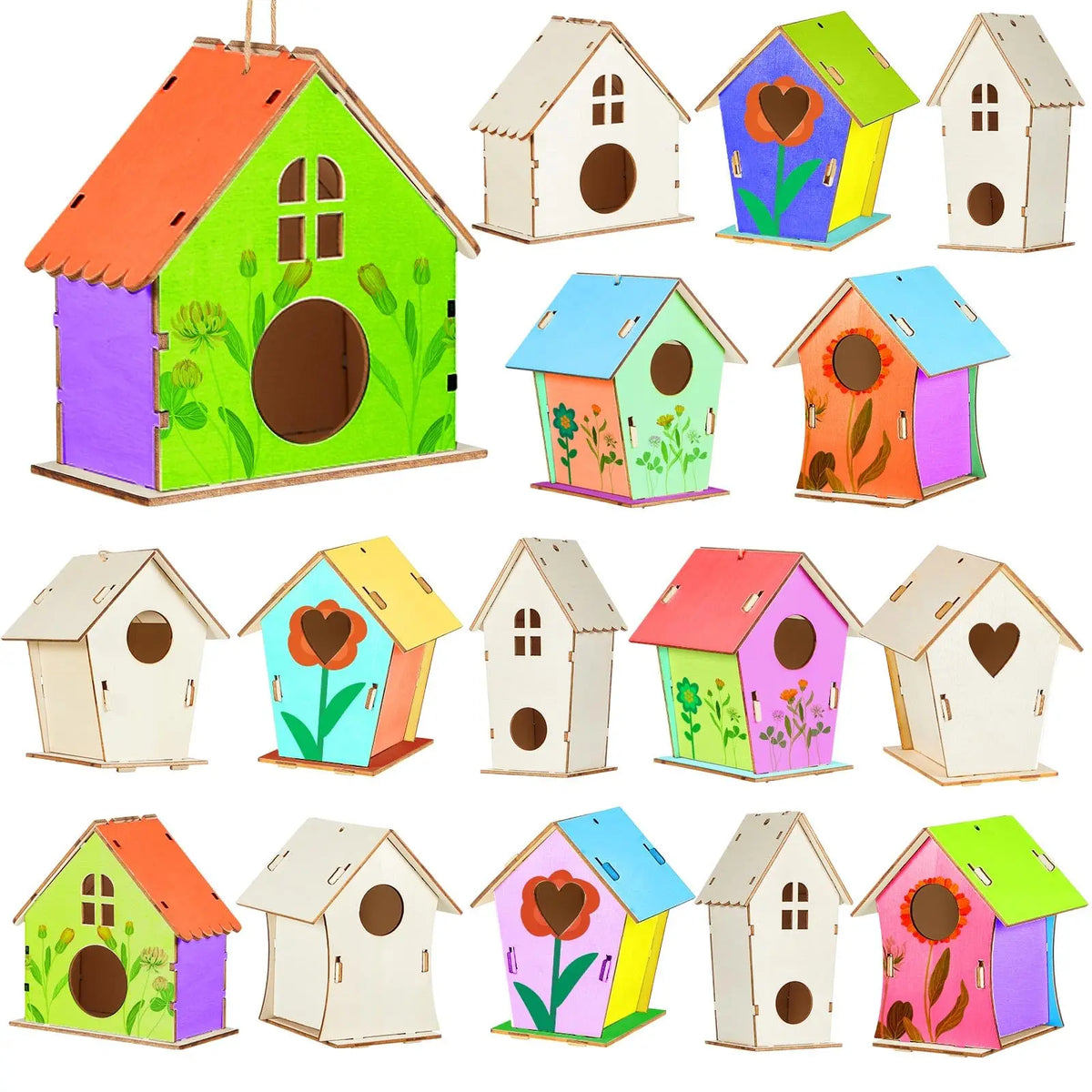 A collection of colorful wooden bird houses in various styles and colors for DIY craft kits.