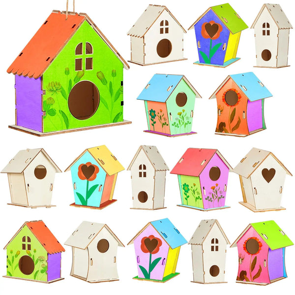 A collection of colorful wooden bird houses in various styles and colors for DIY craft kits.