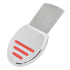 Stainless steel lice removal comb with a white handle and red markings
