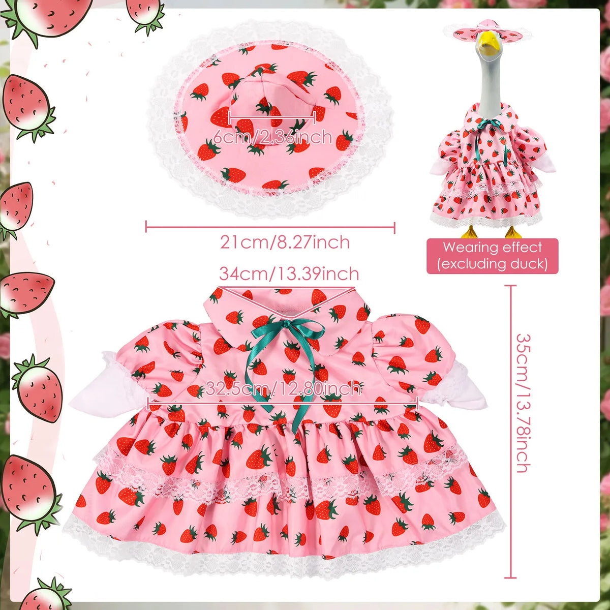 Rosa Erdbeere-motiviertes Porzellan-Ganskostüm-Set für Rasen-Dekoration mit passender Mütze