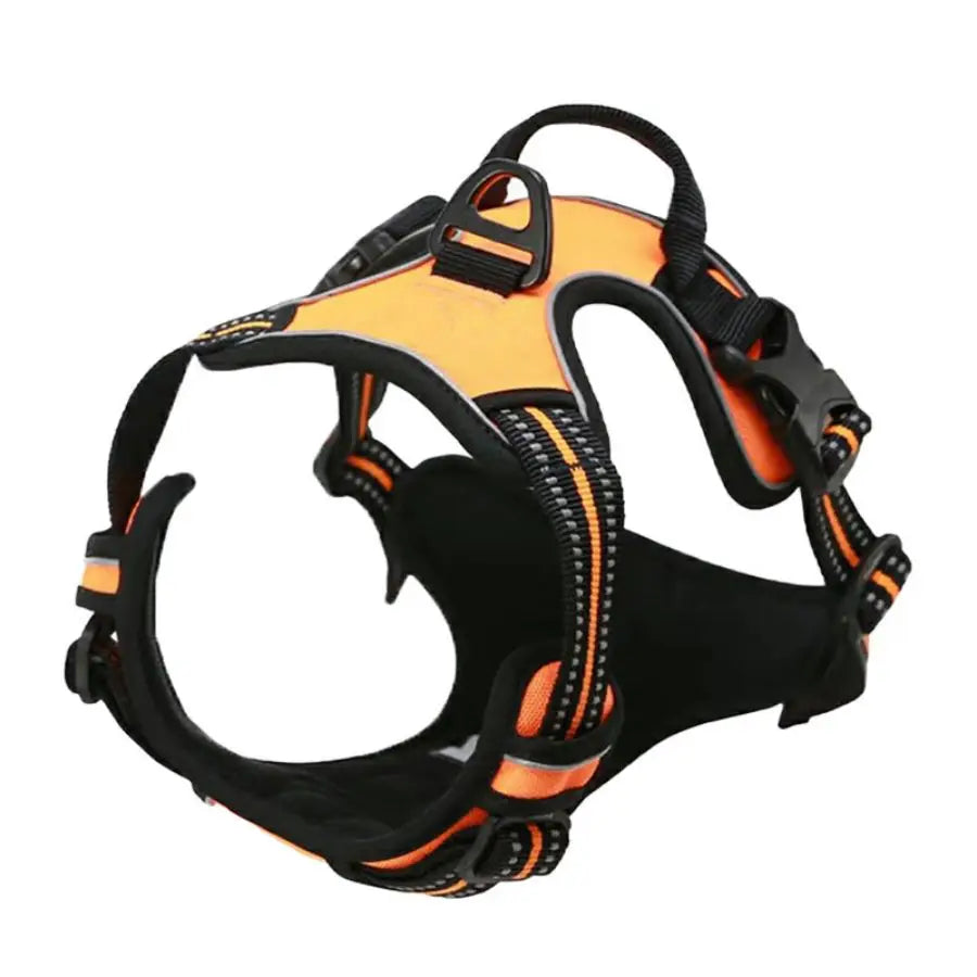 Orange and black adjustable no-pull dog harness with reflective strips and a handle