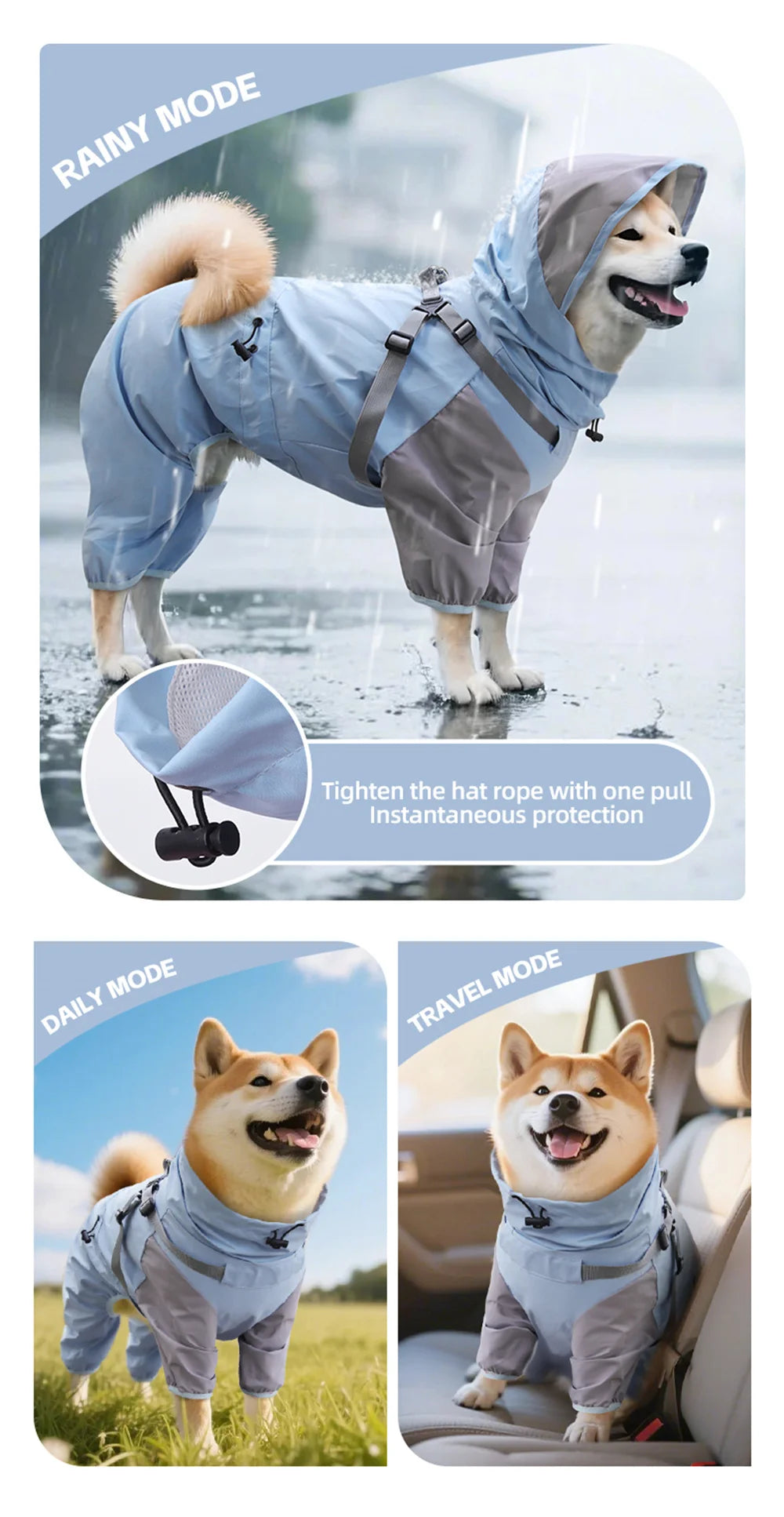 Un perro vistiendo un impermeable de doble capa azul y gris con capucha y arnés en contextos de lluvia, diario y viaje.