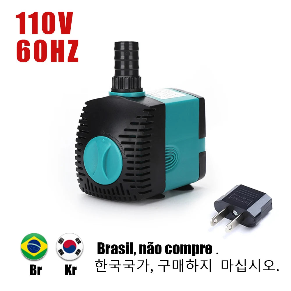 A black and teal submersible water pump is shown next to its power cord, with text indicating it is not for purchase in South