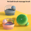 A set of pet bath brushes in light blue and pink, featuring a built-in shampoo dispenser.