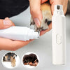 A white electric pet nail grinder is shown being used to trim the nails of a dog and a cat.