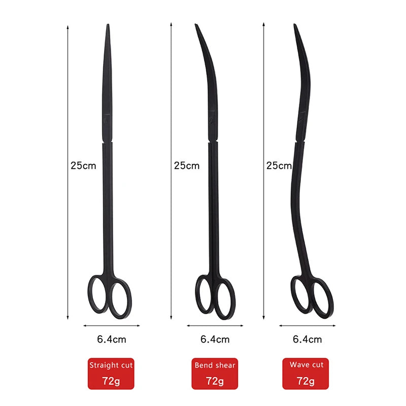 A set of stainless steel aquarium plant trimming tools showing various cutting and bending functions.
