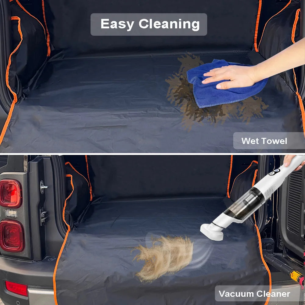 Demonstration of easy cleaning methods for a waterproof pet car seat cover, including wet towel and vacuum cleaner.