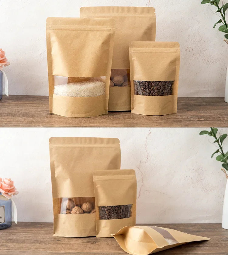 Three reusable kraft paper zipper bags filled with various dry goods like grains and tea leaves
