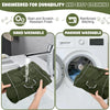 A dark olive green dog raincoat is shown being washed by hand and machine washable.