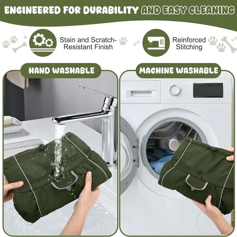 A dark olive green dog raincoat is shown being washed by hand and machine washable.