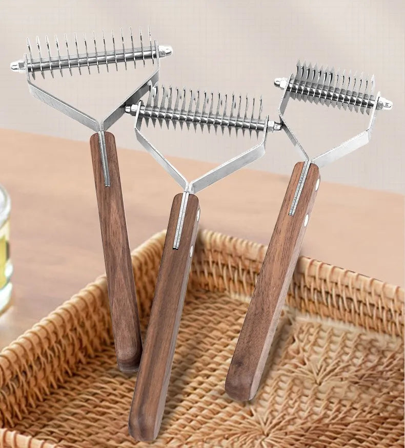 A set of double-sided grooming combs and brushes with wooden handles resting in a woven basket.