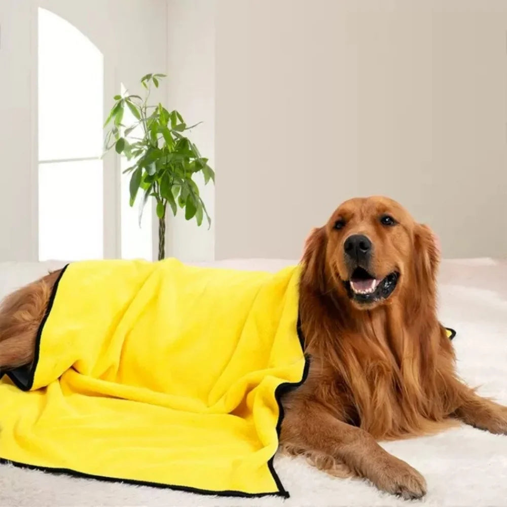Un golden retriever est allongé sur une surface blanche à côté d'une serviette de bain ultra-absorbante jaune vif.