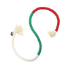 A loop of rope toy for cats with red and green sections and fluffy white ends.