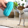 Eine Hand hält ein leuchtend blaues, strukturiertes Spielzeug für Haustiere, während ein Hund es ansieht.