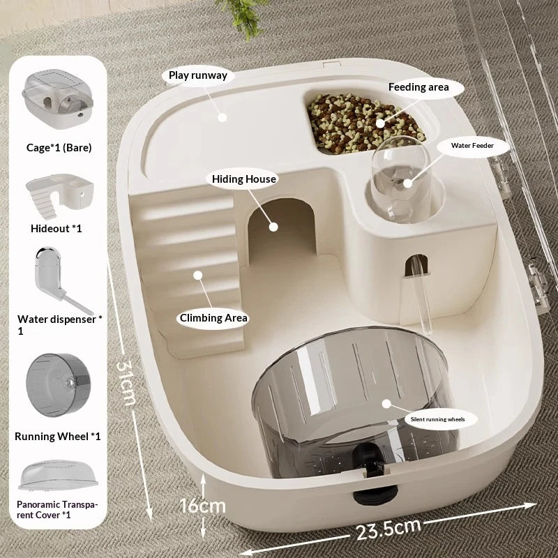 A white luxury hamster habitat cage showing various accessories like a play runway, hiding house, feeding area, and water fee