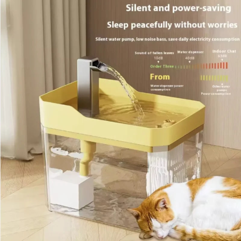 A clear glass automatic cat water fountain with a yellow base and a stainless steel pump is shown next to a cat.