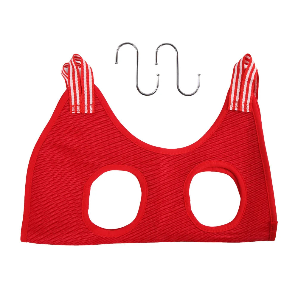 Red pet nail trimming hammock for cats with fabric straps and metal hooks