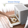 A hand is drawing out the drawer of a white cat litter box, showing its design for easy changing.
