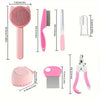 Multitool für Haustierpflege, zeigt pinke und silberne Bürste, Kamm und Schere.