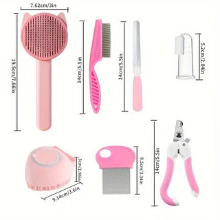 Multitool für Haustierpflege, zeigt pinke und silberne Bürste, Kamm und Schere.