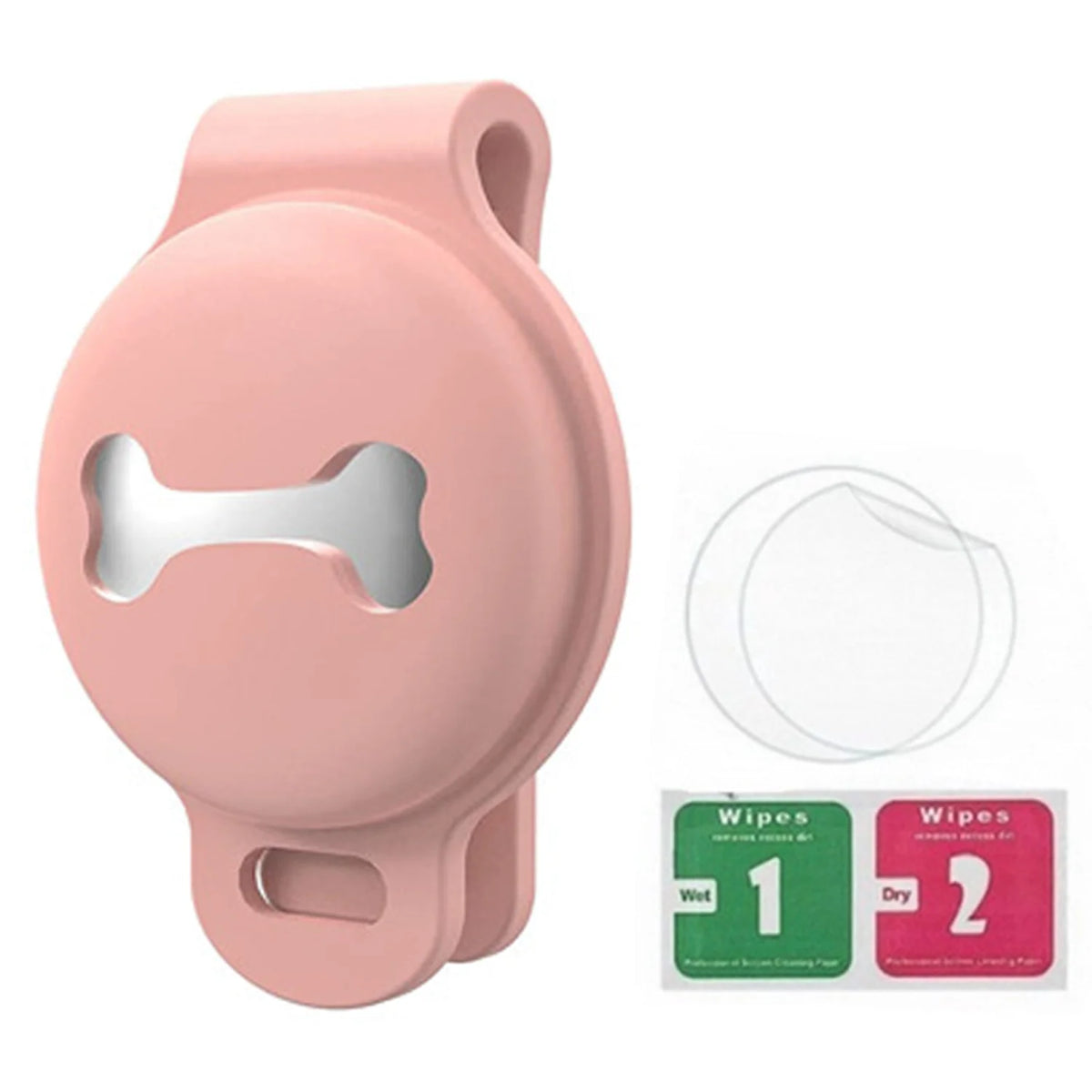 A pink silicone holder designed to secure pet collars, shown with replacement wipes.