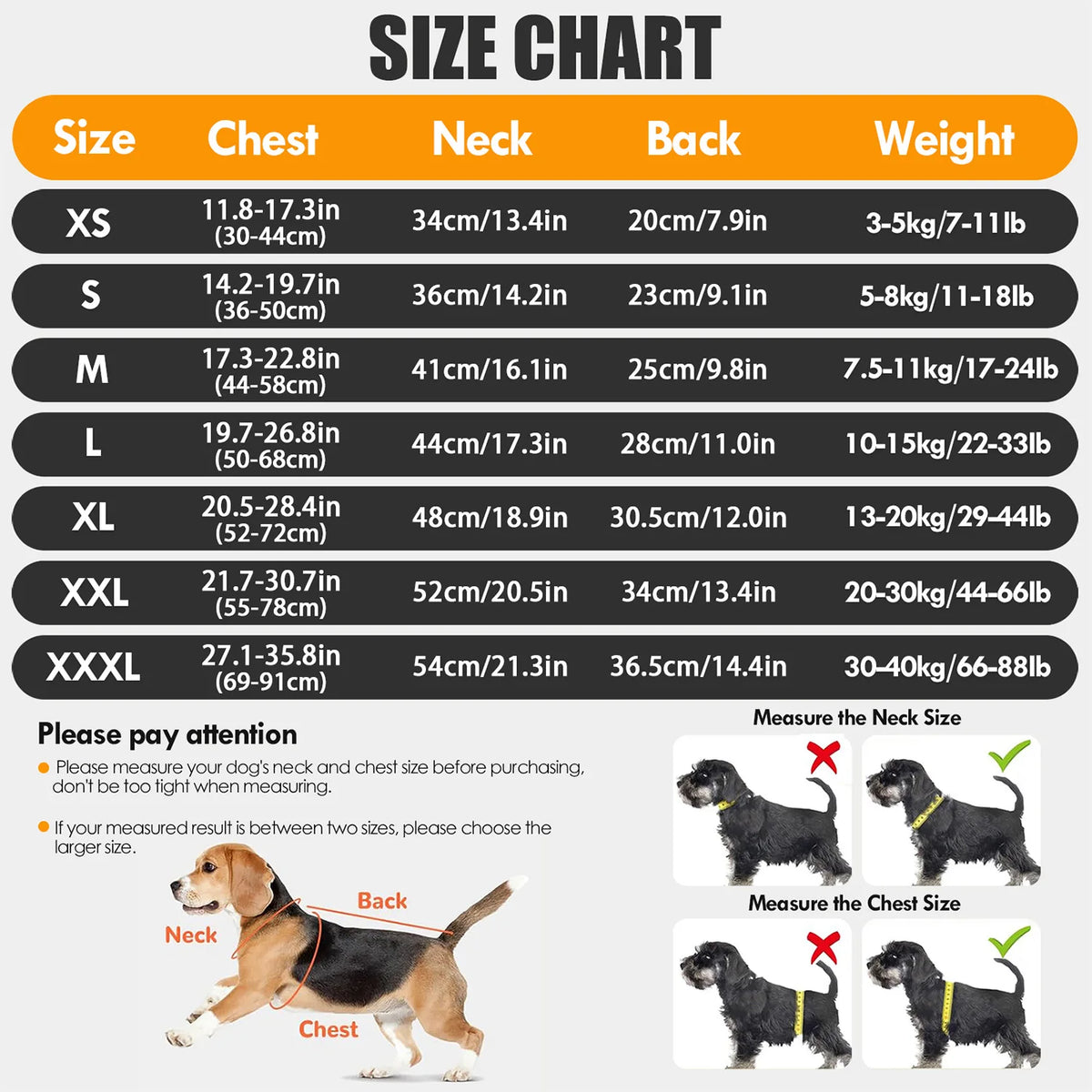 Size chart for a calming anxiety vest for dogs showing measurements for various sizes