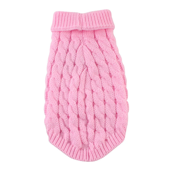 A pink knitted sweater with a ribbed collar and a textured body, designed for small dog breeds.