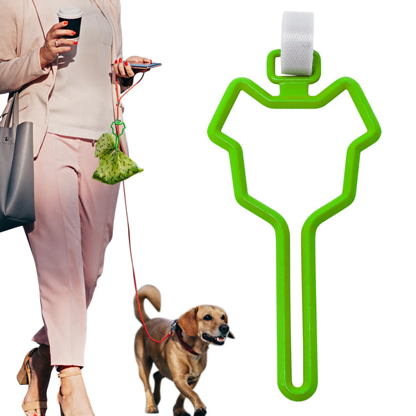 A green hands-free dog poop bag dispenser with a leash clip is shown next to a person and a dog.