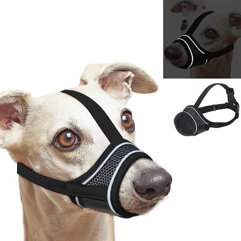 A dog wearing a black and white adjustable reflective soft muzzle, shown alongside the product.
