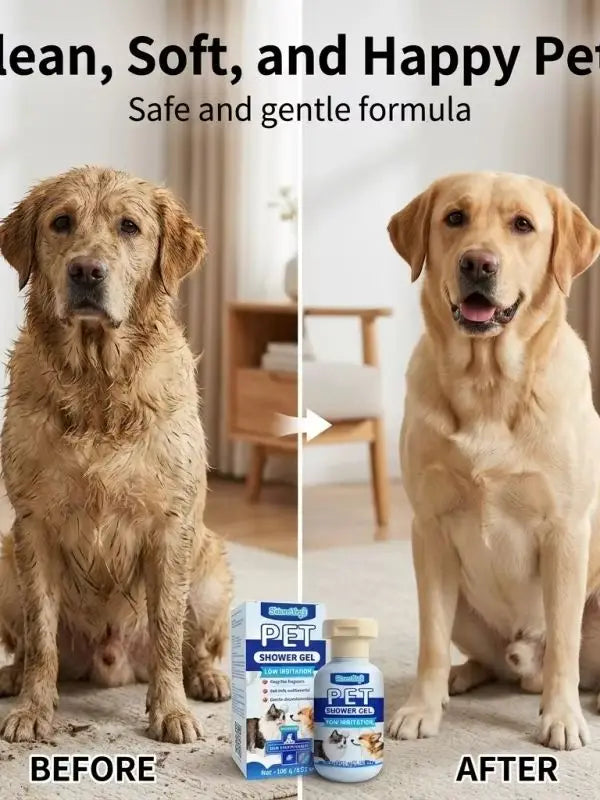 Before and after comparison of a dog's coat condition using a gentle formula.