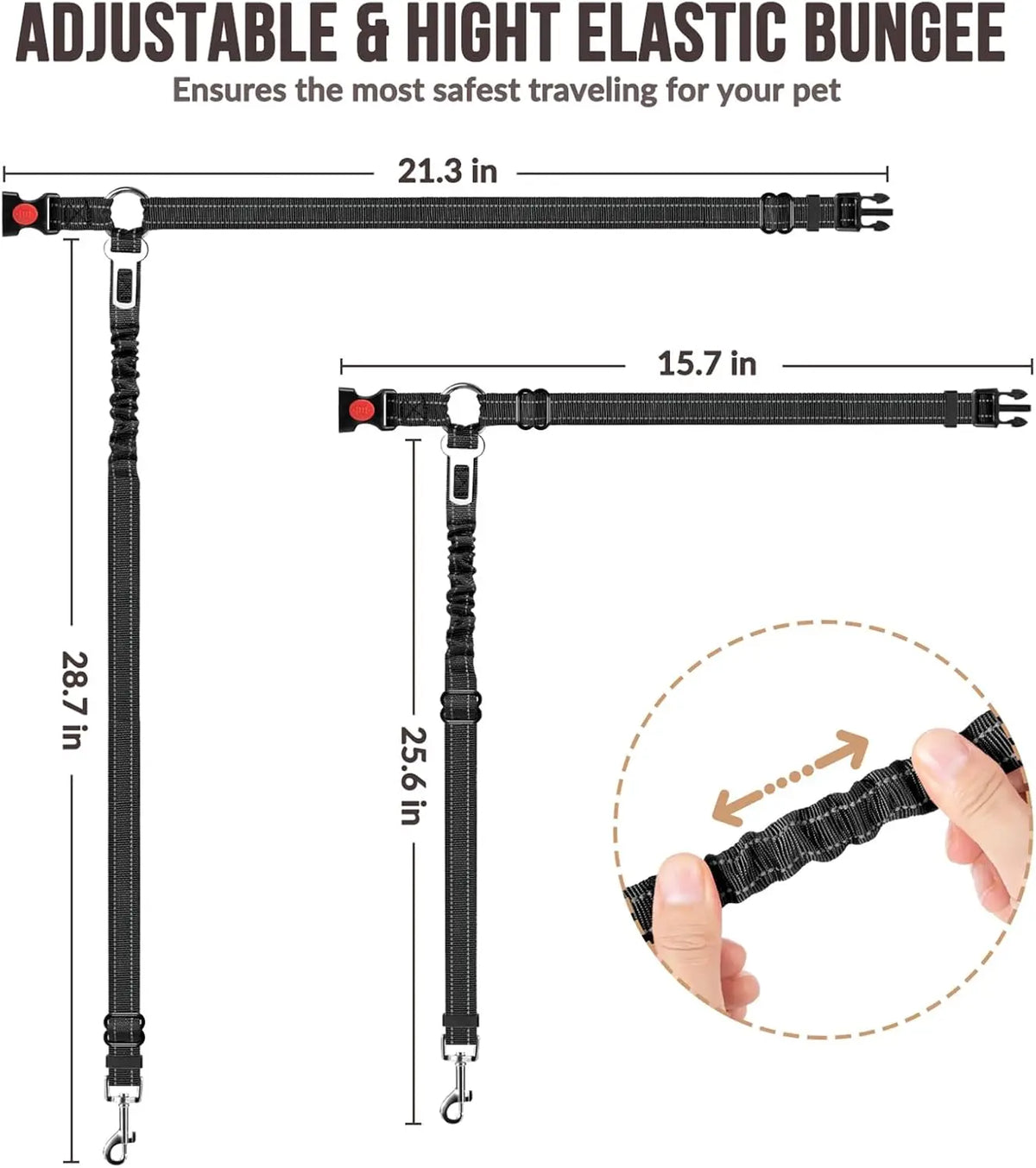 Adjustable and high elastic bungee dog bungee featuring a 21.3-inch length and 28.7-inch total height.