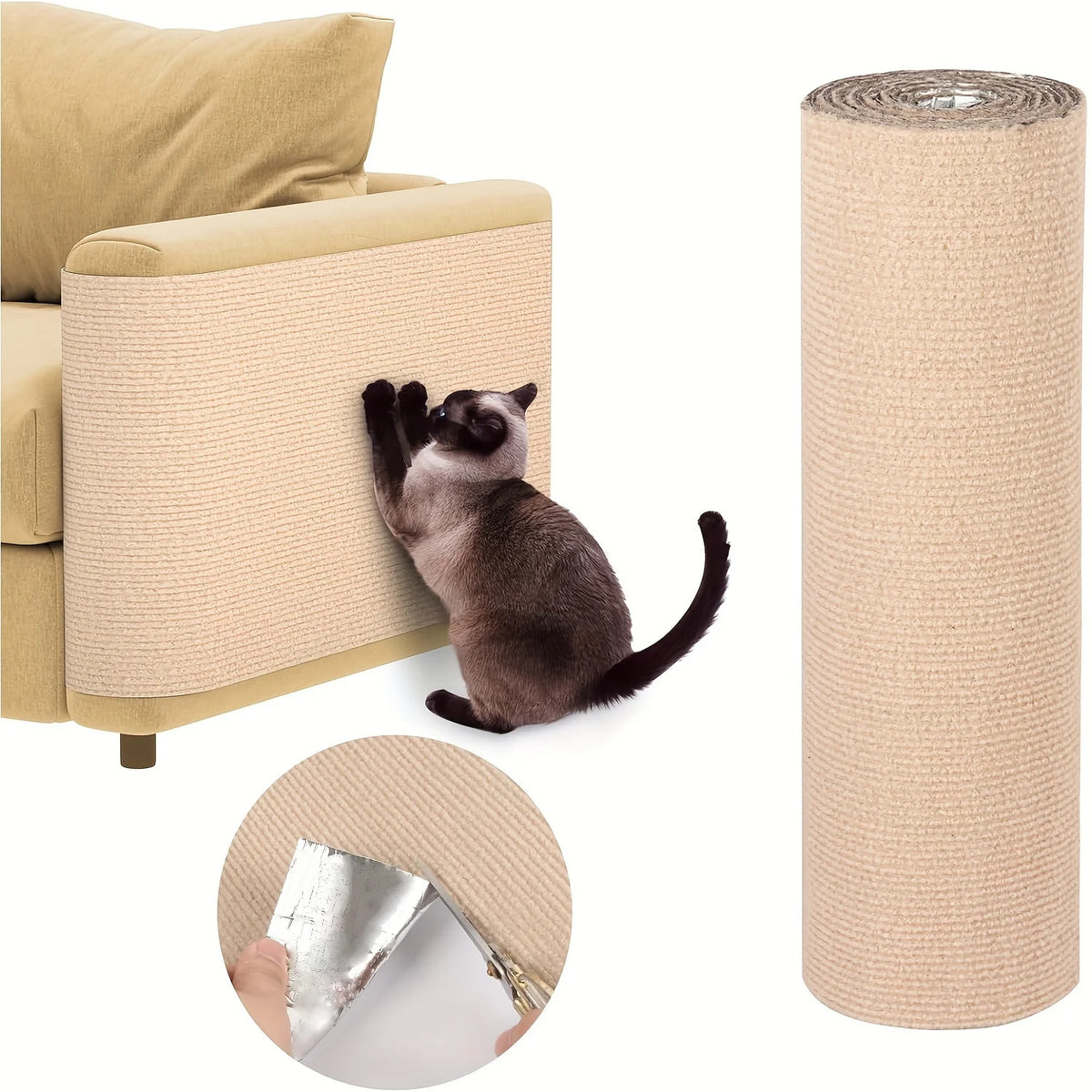 A tabby cat is shown interacting with a beige, cylindrical scratching mat and a flat mat.