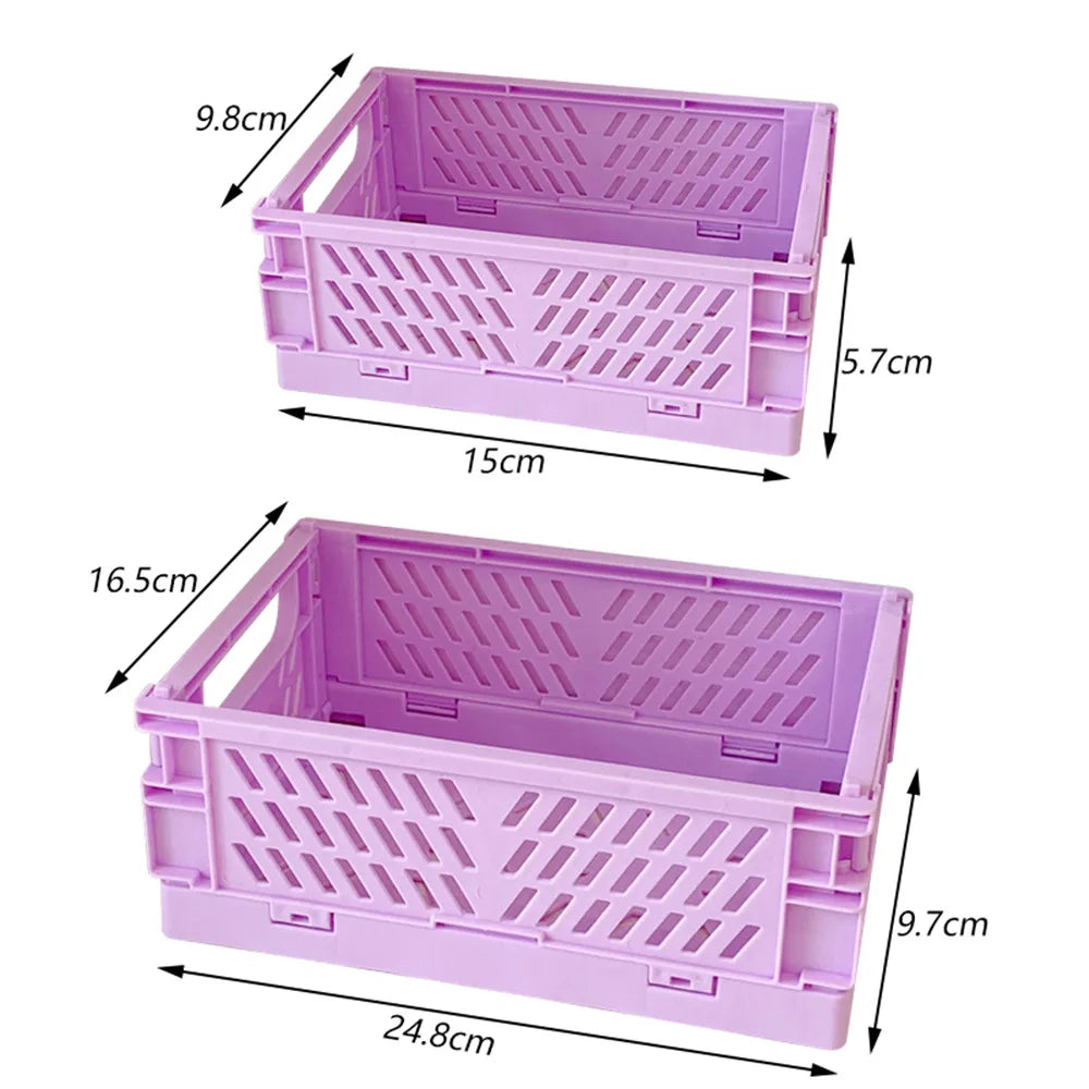 Pinkes faltbares Plastik-Aufbewahrungskorb, seitliche Ansicht, 15 cm lang und 9,8 cm hoch.