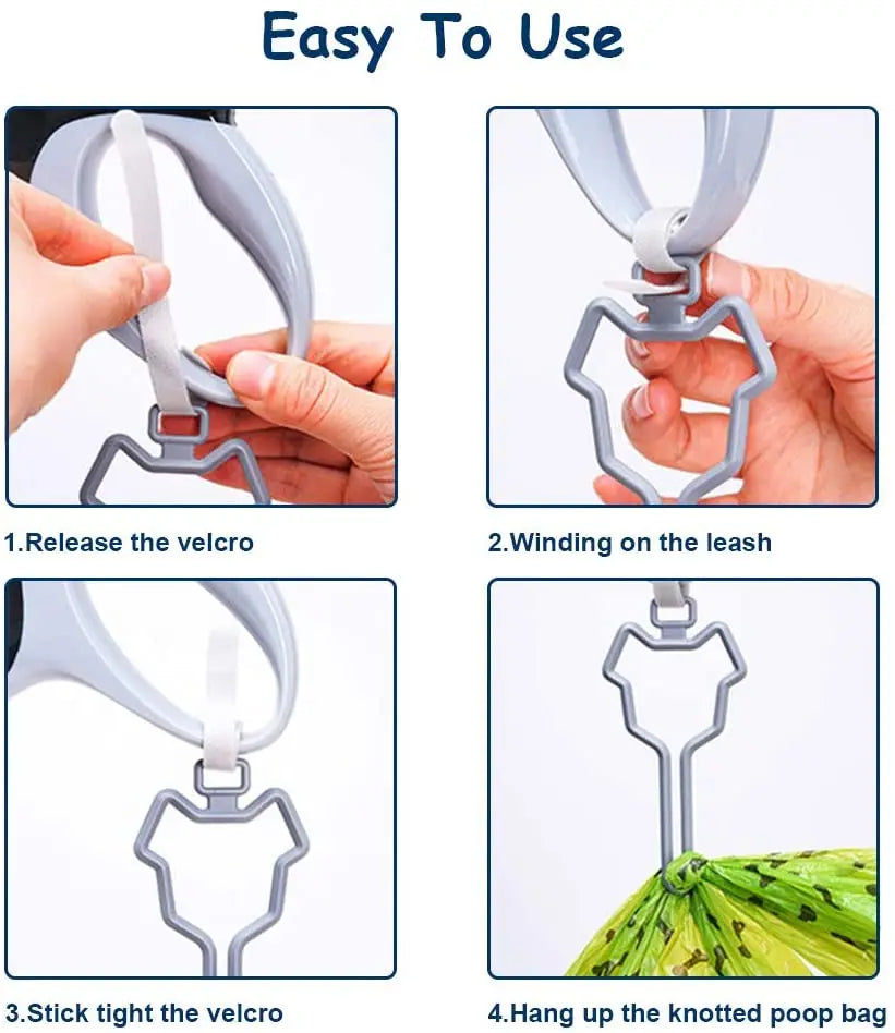 Instructions showing how to release the velcro, wind on the leash, stick the velcro, and hang up a knotted poop bag.